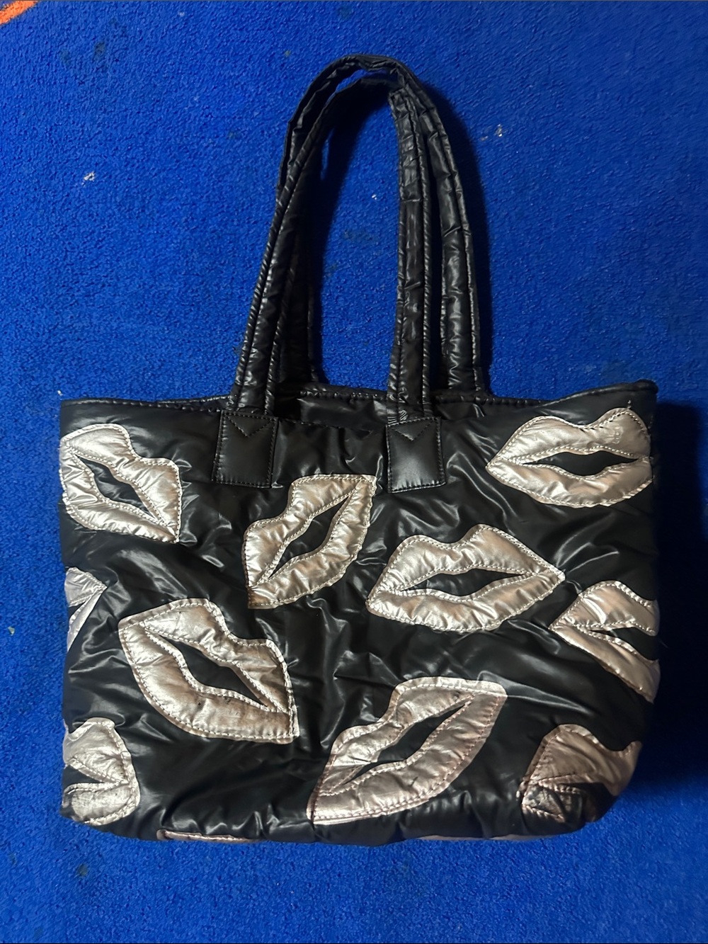 Wildfox Black Quilted Tote with Silver Lip Appliqués